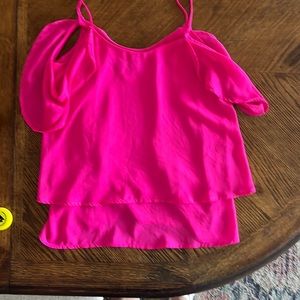 Blue Rain hot pink Ladies Top, spaghetti strap with flowy shoulder, 2 tiered